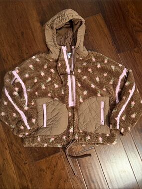 JoyLab Brown Sherpa Hooded Zip-Up Sweatshirt with Pink Accents